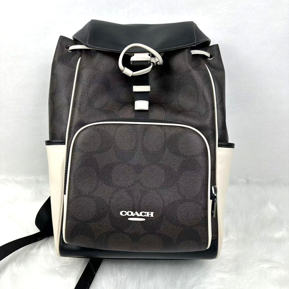 Coach Racer Backpack In Blocked Signature Canvas & Leather Walnut/Chalk CY775 - Picture 1 of 13